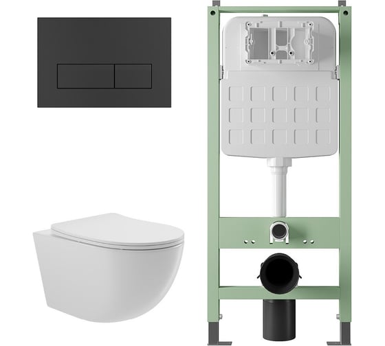Комплект ALENTORI Инсталляция SISTEMA, панель смыва с прямоугольными кнопками, черный матовый + Унитаз подвесной Long 525х360 безободковый, Vortex (Торнадо), Soft-Close, белый глянцевый, форма овал ALS.SIS1102.MBOV2110 1