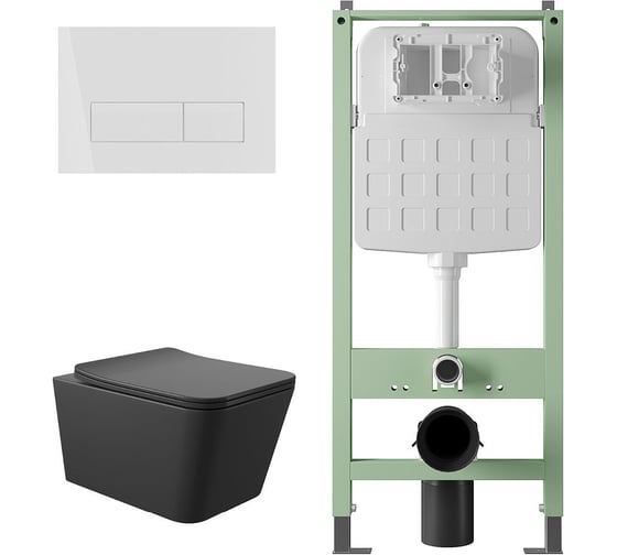 Комплект ALENTORI Инсталляция SISTEMA, панель смыва с прямоугольными кнопками, белый матовый + Унитаз подвесной Long 520х370 безободковый, Vortex (Торнадо), Soft-Close, черный матовый, форма квадрат ALS.SIS1102.WHQV2140 1