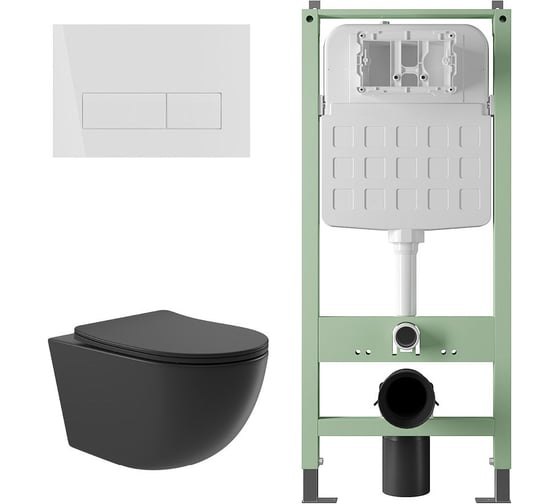 Комплект ALENTORI Инсталляция SISTEMA, панель смыва с прямоугольными кнопками, белый матовый + Унитаз подвесной Long 525х360 безободковый, Vortex (Торнадо), Soft-Close, черный матовый, форма овал ALS.SIS1102.WHOV2140 1