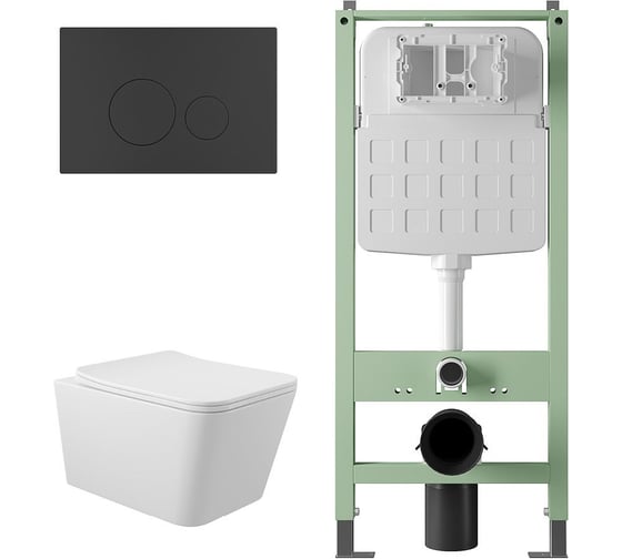 Комплект ALENTORI Инсталляция SISTEMA, панель смыва с круглыми кнопками, черный матовый + Унитаз подвесной Long 520х370 безободковый, Vortex (Торнадо), Soft-Close, белый глянцевый, форма квадрат ALS.SIS1101.MBQV2110 1