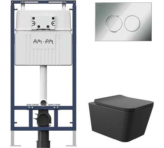 Комплект AM.PM MasterFit инсталляция для подвесного унитаза с клавишей ProC L, хром глянцевый + унитаз подвесной Long 520х370 безободковый, Vortex (Торнадо), Soft-Close, черный матовый, форма квадрат I012710.0151QV2140