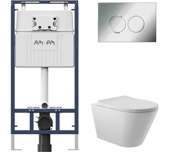 Комплект AM.PM MasterFit инсталляция для подвесного унитаза с клавишей ProC L, хром глянцевый + унитаз подвесной Long 525х360 безободковый, Vortex (Торнадо), Soft-Close, белый глянцевый, форма конус I012710.0151CV2110 1