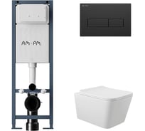 Комплект AM.PM I012711.0338 ErgoFit инсталляция для унитаза с клавишей ErgoFit M пластик, черный матовый + унитаз Long 520х370 безободковый, Vortex (Торнадо), Soft-Close, белый матовый, квадрат I012711.0338QV2120