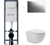 Комплект AM.PM I012711.0351 ErgoFit инсталляция для унитаза с клавишей ErgoFit M пластик, хром глянц + унитаз Long 525х360 безободковый, Vortex (Торнадо), сиденье Soft-Close, белый глянцевый, овал I012711.0351OV2110
