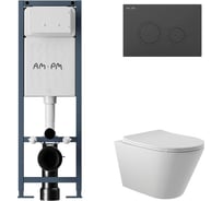 Комплект AM.PM I012711.0138 ErgoFit инсталляция для унитаза с клавишей ErgoFit L пластик, черный матовый + унитаз Long 525х360 безободковый, Vortex (Торнадо), сиденье Soft-Close, белый матовый, конус I012711.0138CV2120