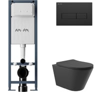 Комплект AM.PM I012711.0338 ErgoFit инсталляция для унитаза с клавишей ErgoFit M пластик, черный матовый + унитаз Long 525х360 безободковый, Vortex (Торнадо), сиденье Soft-Close, черный матовый, конус I012711.0338CV2140