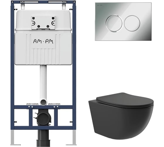 Комплект AM.PM MasterFit инсталляция для подвесного унитаза с клавишей ProC L, хром глянцевый + унитаз подвесной Long 525х360 безободковый, Vortex (Торнадо), Soft-Close, черный матовый, форма овал I012710.0151OV2140