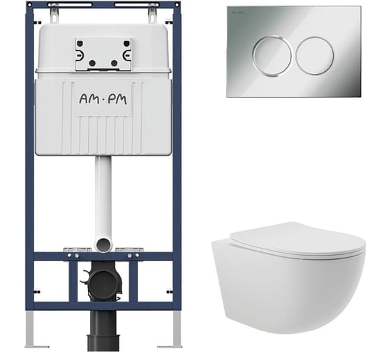 Комплект AM.PM MasterFit инсталляция для подвесного унитаза с клавишей ProC L, хром глянцевый + унитаз подвесной Long 525х360 безободковый, Vortex (Торнадо), Soft-Close, белый матовый, форма овал I012710.0151OV2120