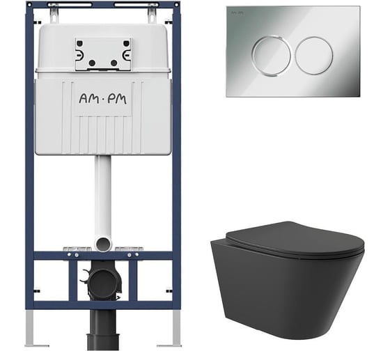 Комплект AM.PM MasterFit инсталляция для подвесного унитаза с клавишей ProC L, хром глянцевый + унитаз подвесной Long 525х360 безободковый, Vortex (Торнадо), Soft-Close, черный матовый, форма конус I012710.0151CV2140