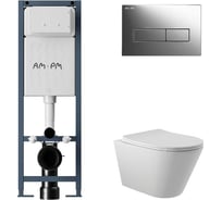 Комплект AM.PM I012711.0351 ErgoFit инсталляция для унитаза с клавишей ErgoFit M пластик, хром глянц + унитаз Long 525х360 безободковый, Vortex (Торнадо), сиденье Soft-Close, белый матовый, конус I012711.0351CV2120