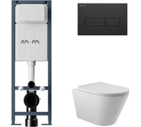Комплект AM.PM I012711.0338 ErgoFit инсталляция для унитаза с клавишей ErgoFit M пластик, черный матовый + унитаз Long 525х360 безободковый, Vortex (Торнадо), Soft-Close, белый глянцевый, конус I012711.0338CV2110