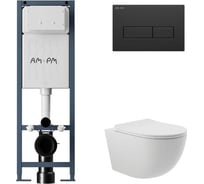 Комплект AM.PM I012711.0338 ErgoFit инсталляция для унитаза с клавишей ErgoFit M пластик, черный матовый + унитаз Long 525х360 безободковый, Vortex (Торнадо), сиденье Soft-Close, белый матовый, овал I012711.0338OV2120