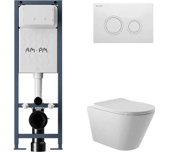 Комплект AM.PM I012711.0101 ErgoFit инсталляция для унитаза с клавишей ErgoFit L пластик, белый глянцевый + унитаз Long 525х360 безободковый, Vortex (Торнадо), сиденье Soft-Close, белый матовый, конус I012711.0101CV2120 1