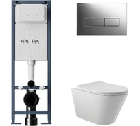 Комплект AM.PM I012711.0351 ErgoFit инсталляция для унитаза с клавишей ErgoFit M пластик, хром глянц + унитаз Long 525х360 безободковый, Vortex (Торнадо), сиденье Soft-Close, белый глянцевый, конус I012711.0351CV2110