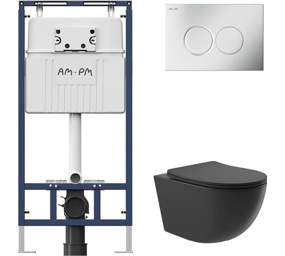 Комплект AM.PM MasterFit инсталляция для подвесного унитаза с клавишей ProC L, хром матовый + унитаз подвесной Long 525х360 безободковый, Vortex (Торнадо), Soft-Close, черный матовый, форма овал I012710.0131OV2140 1