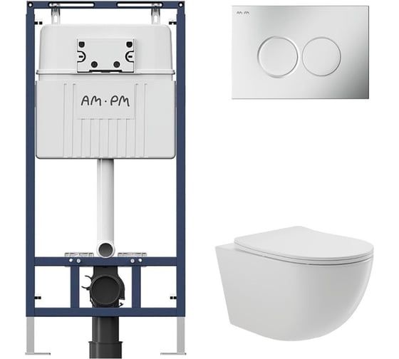 Комплект AM.PM MasterFit инсталляция для подвесного унитаза с клавишей ProC L, хром матовый + унитаз подвесной Long 525х360 безободковый, Vortex (Торнадо), Soft-Close, белый глянцевый, форма овал I012710.0131OV2110 1