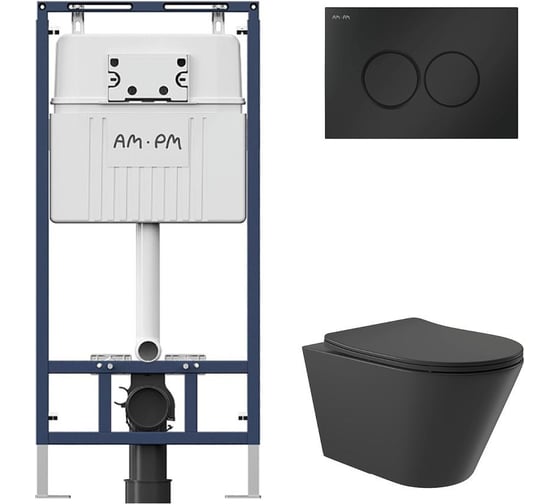 Комплект AM.PM MasterFit инсталляция для подвесного унитаза с клавишей ProC L, черный матовый + унитаз подвесной Long 525х360 безободковый, Vortex (Торнадо), Soft-Close, черный матовый, форма конус I012710.0138CV2140