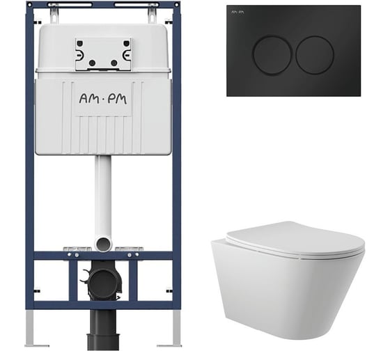 Комплект AM.PM MasterFit инсталляция для подвесного унитаза с клавишей ProC L, черный матовый + унитаз подвесной Long 525х360 безободковый, Vortex (Торнадо), Soft-Close, белый матовый, форма конус I012710.0138CV2120