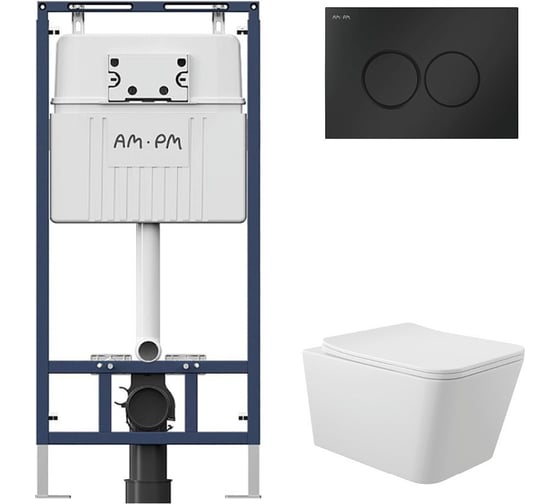 Комплект AM.PM MasterFit инсталляция для подвесного унитаза с клавишей ProC L, черный матовый + унитаз подвесной Long 520х370 безободковый, Vortex (Торнадо), Soft-Close, белый матовый, форма квадрат I012710.0138QV2120