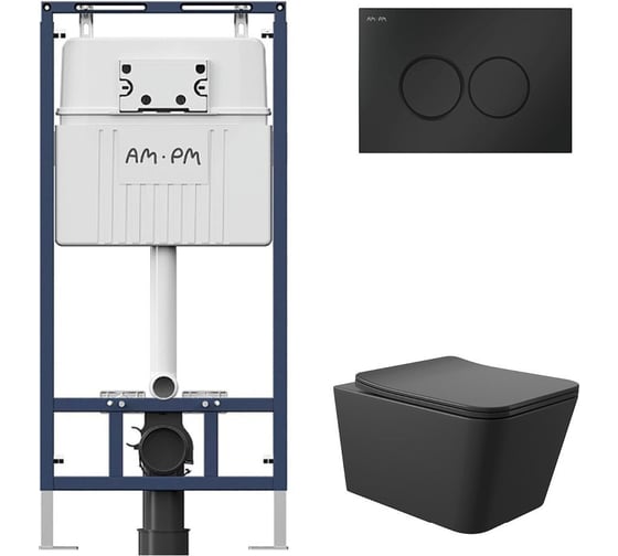 Комплект AM.PM MasterFit инсталляция для подвесного унитаза с клавишей ProC L, черный матовый + унитаз подвесной Long 520х370 безободковый, Vortex (Торнадо), Soft-Close, черный матовый, форма квадрат I012710.0138QV2140