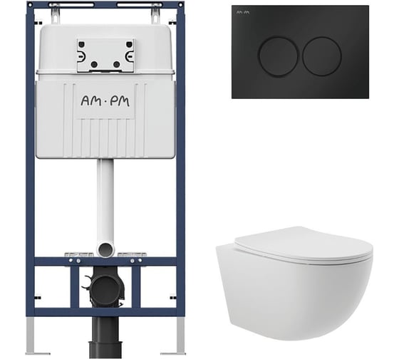 Комплект AM.PM MasterFit инсталляция для подвесного унитаза с клавишей ProC L, черный матовый + унитаз подвесной Long 525х360 безободковый, Vortex (Торнадо), Soft-Close, белый матовый, форма овал I012710.0138OV2120