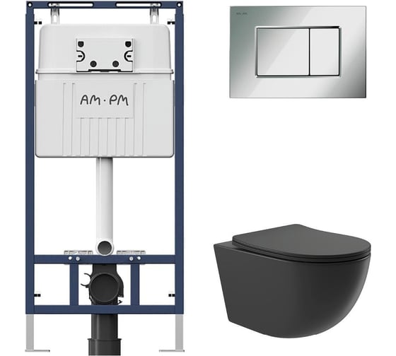 Комплект AM.PM MasterFit инсталляция для подвесного унитаза с клавишей ProC S, хром глянцевый + унитаз подвесной Long 525х360 безободковый, Vortex (Торнадо), Soft-Close, черный матовый, форма овал I012710.0251OV2140 1
