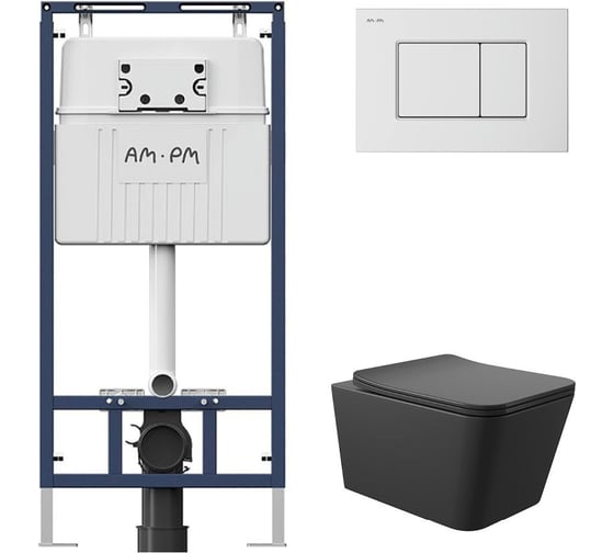 Комплект AM.PM MasterFit инсталляция для подвесного унитаза с клавишей ProC S, белый глянцевый + унитаз подвесной Long 520х370 безободковый, Vortex (Торнадо), Soft-Close, черный матовый, квадрат I012710.0201QV2140 1