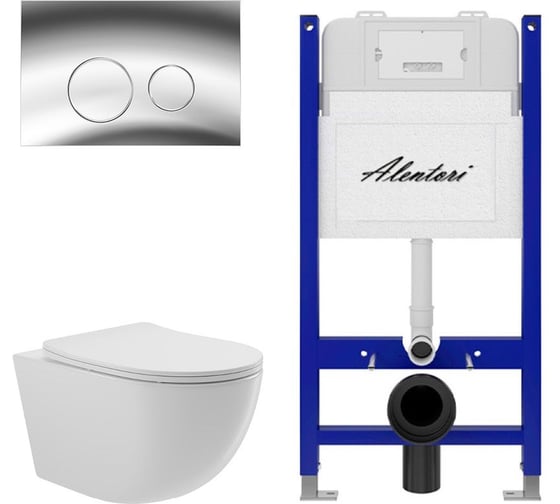 Комплект ALENTORI Инсталляция для унитаза SISTEMA 50 AL.SIS33T с клавишей CHIAVE L, хром глянец AL.CHI102CH + Унитаз Long 525х360 безободковый, Vortex (Торнадо), Soft-Close, белый глян, овал AL.SIS33TAL.CHI102CHOV2110