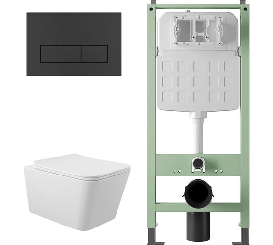 Комплект ALENTORI Инсталляция SISTEMA, панель смыва с прямоугольными кнопками, черный матовый + Унитаз подвесной Long 520х370, Vortex (Торнадо), микролифт, белый глянцевый, форма квадрат ALS.SIS1102.MBQV2110 1