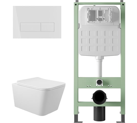 Комплект ALENTORI Инсталляция SISTEMA, панель смыва с прямоугольными кнопками, белый матовый + Унитаз подвесной Long 520х370 безободковый, Vortex (Торнадо), Soft-Close, белый глянцевый, форма квадрат ALS.SIS1102.WHQV2110 1