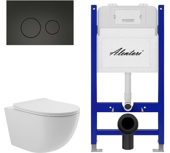 Комплект ALENTORI Инсталляция для унитаза SISTEMA 50 AL.SIS33T с клавишей CHIAVE L, черный мат AL.CHI103BM + Унитаз Long 525х360 безободковый, Vortex (Торнадо), Soft-Close, белый глян, овал AL.SIS33TAL.CHI103BMOV2110