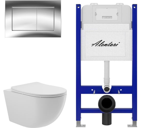 Комплект ALENTORI Инсталляция для унитаза SISTEMA 50 AL.SIS33T с клавишей CHIAVE A, хром глянец AL.CHI012CH + Унитаз Long 525х360 безободковый, Vortex (Торнадо), Soft-Close, белый глян, овал AL.SIS33TAL.CHI012CHOV2110