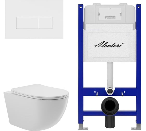 Комплект ALENTORI Инсталляция для унитаза SISTEMA 50 AL.SIS33T с клавишей CHIAVE H, белый мат AL.CHI018WM + Унитаз Long 525х360 безободковый, Vortex (Торнадо), Soft-Close, белый глян, овал AL.SIS33TAL.CHI018WMOV2110