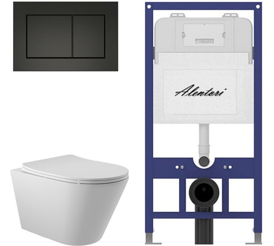 Комплект ALENTORI Инсталляция для унитаза SISTEMA 52 AL.SIS11T с клавишей CHIAVE A, черный мат AL.CHI013BM + Унитаз Long 525х360 безободковый, Vortex (Торнадо), Soft-Close, белый мат, конус AL.SIS11TAL.CHI013BMCV2120