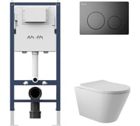 Комплект AM.PM I012709.0138 PrimeFit инсталляция для унитаза с клавишей PrimeFit L, черный матовый + Унитаз Long 525х360 безободковый, Vortex (Торнадо), сиденье Soft-Close, белый матовый, конус I012709.0138CV2120