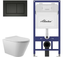 Комплект ALENTORI Инсталляция для унитаза SISTEMA 52 AL.SIS11T с клавишей CHIAVE A, черный мат AL.CHI013BM + Унитаз Long 525х360 безободковый, Vortex (Торнадо), Soft-Close, белый глян, конус AL.SIS11TAL.CHI013BMCV2110
