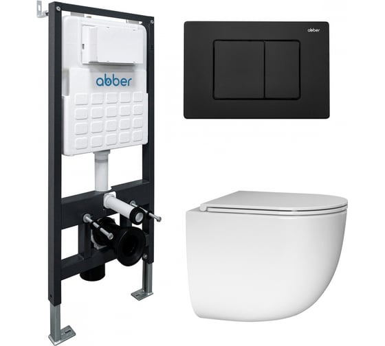 Комплект подвесной унитаз с инсталляцией и кнопкой смыва чёрной матовой ABBER Bequem AC1132TC белый с закрытым дном, инсталляция AC0105, кнопка AC0120MB AC1132TC-AC0105-AC0120MB 1
