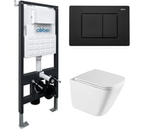 Комплект подвесной унитаз с инсталляцией и кнопкой смыва чёрной матовой ABBER Rechteck AC1219TC белый с закрытым дном, инсталляция AC0105, кнопка AC0120MB AC1219TC-AC0105-AC0120MB