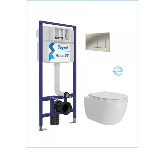 Инсталляция с унитазом комплект 5 в 1 Teymi унитаз подвесной безободковый Lori Vortex кнопка нержавеющая сталь F15846 F15846 ЦБ-00303978 1