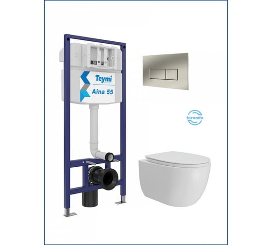 Инсталляция с унитазом комплект 5 в 1 Teymi унитаз подвесной безободковый Lori Vortex кнопка нержавеющая сталь F15834 F15834 ЦБ-00304341 1