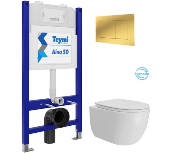 Инсталляция с унитазом Teymi комплект 5 в 1 унитаз подвесной безободковый Lori Vortex кнопка золото F16100 ЦБ-00299355 1