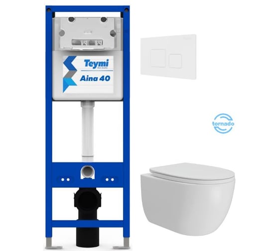 Инсталляция с унитазом Teymi комплект 5 в 1 унитаз подвесной безободковый Lori Vortex кнопка белая F16931 F16931 ЦБ-00304347 1
