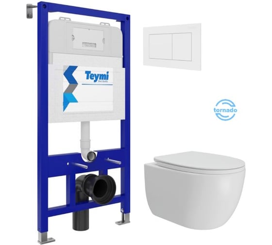 Инсталляция с унитазом Teymi комплект 5 в 1 унитаз подвесной безободковый Lori Vortex кнопка белая F15801 F15801 ЦБ-00303971 1