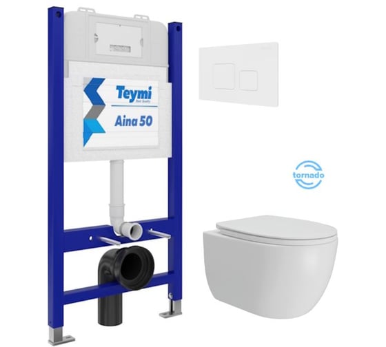 Инсталляция с унитазом Teymi комплект 5 в 1 унитаз подвесной безободковый Lori Vortex кнопка белая F15827 F15827 ЦБ-00304345 1