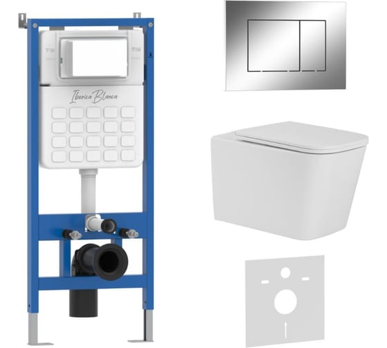 Комплект 3 в 1 IBERICA BLANCA инсталляция, унитаз TORNADO безободковый белый TOLEDO ALTO (IB.TLA.234.1B1), клавиша IB001.TLA.234.852