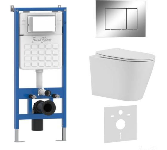 Комплект 3 в 1 IBERICA BLANCA инсталляция, унитаз безободковый белый BURGOS ALTO (IB.BRA.231.1B1), клавиша смыва хром IB001.BRA.231.852