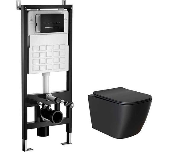 Комплект система инсталляции МЕХАНИКА 500+унитаз КВАДРО/QUADRO чёрный+прямоугольная кнопка V2 чёрная WAVE 555983