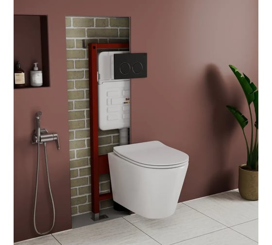 Комплект Bauedge BAU 6 в 1: усиленная инсталляция BAU IDEAL, унитаз подвесной безободковый Bau Nimb Hurricane смыв торнадо, быстросъемное тонкое сиденье дюропласт микролифт, клавиша BAU Round, черная матовая E458103-BK0001-HQ-E00115