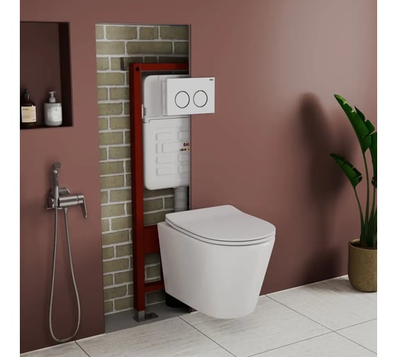 Комплект Bauedge BAU 6 в 1: усиленная инсталляция BAU IDEAL, унитаз подвесной безободковый Bau Nimb Hurricane смыв торнадо, быстросъемное тонкое сиденье дюропласт микролифт, клавиша BAU Round, белый/хром E458103-BK0001-HQ-E00116