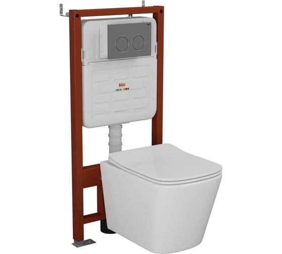 Комплект Bauedge BAU 6 в 1: инсталляция BAU PRO для подвесного унитаза, унитаз подвесной безободковый вихревой со скрытым сливом Bau Stil Hurricane-5, сиденье быстросъемное микролифт, клавиша BAU Round Gun gray, серый металлик E458103-BS0001-HQ5-E00114